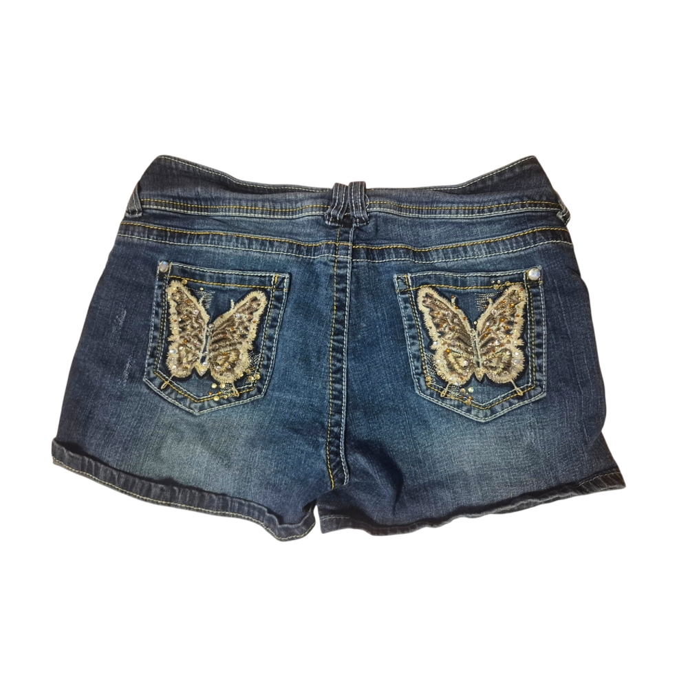 No Boundaries Blue Denim Shorts with Embroidered Butterfly Sequin Pockets